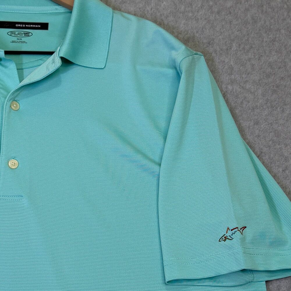 Greg Norman Polo Shirt Mens Medium Aqua Play Dry Golf Stripe Shark Logo